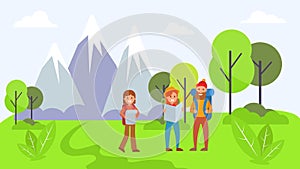 Outdoor travel mountain traveler, activity character rest natural park flat vector illustration. National forest