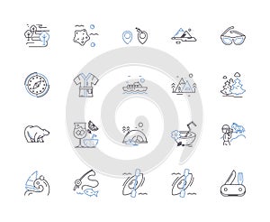 Outdoor trip outline icons collection. Hiking, Trekking, Camping, Climbing, Backpacking, Kayaking, Abseiling vector and