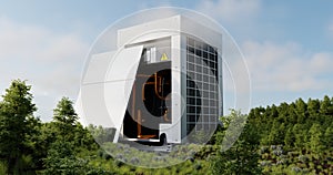 Outdoor unit of the air conditioner against the backdrop of beautiful nature and blue sky 3d render