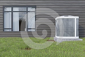 Outdoor unit of the air conditioner against the background of a large window 3d