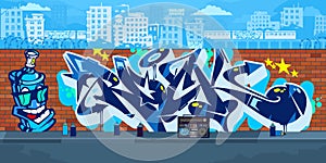 Outdoor Urban Streetart Graffiti Wall With Drawings Against The Background Of The Cityscape Vector Illustration