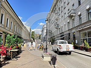Moscow, Russia, August, 16, 2023. Outdoor veranda of bar Kolbasa on Zabelina Street in the historical center