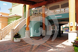 Outdoor view of arches and stairs for offices.