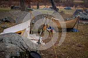 Outdoor view of campament construction during Civil War representation Reenactment in Moorpark, is the largest battle