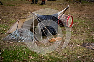 Outdoor view of campament construction during Civil War representation Reenactment in Moorpark, is the largest battle