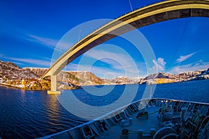 Outdoor view of hurtigruten Ship cruise, frontside with a huge bridge in front