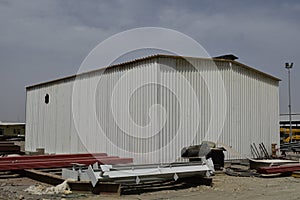 Outdoor view of the Industrial warehouse in the site : Muscat, oman Industrial warehouse construction and outdoor view of the roof