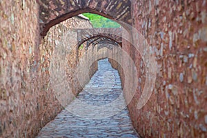 Outdoor view of stoned path of Amber fort. Jaipur, Rajasthan, India