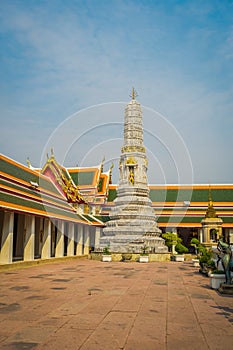 Outdoor view of Wat Pho or Wat Phra Chetuphon, `Wat` means temple in Thai. The temple is one of Bangkok`s most famous