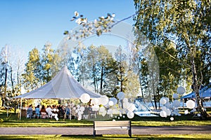 Outdoor wedding ceremony in the forest with large balls
