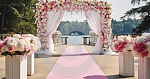 An Outdoor Wedding Ceremony Under a Beautiful Arch Decorated with Cloth and Pastel Flowers