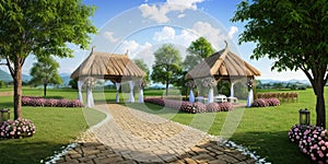 Outdoor wedding concept of the photorealistic flowers decor in the environment