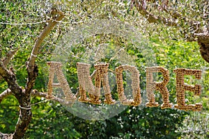 Outdoor wedding decoration made with wine corks. photo