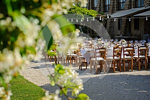 Outdoor wedding dinner set up near Rome  Italy.