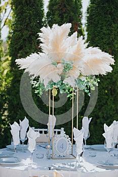 Outdoor wedding reception table with empty plated and cream pampas grass