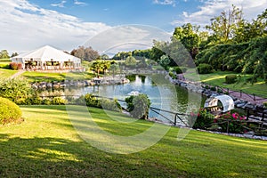 Outdoor wedding reception in tent