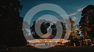 Outdoor wedding reception at twilight with illuminated tent and guests