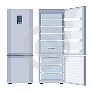 Outdoor white refrigerator. Closed white fridge. Fridge with freezer