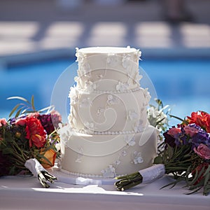 Outdoor white wedding cake photo