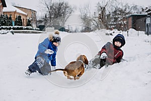 Outdoor winter activities for kids. Kids playing in the suburbs, winter backyard gathering. Boys, two brothers having