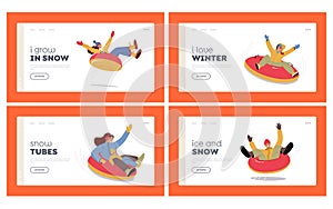 Outdoor Wintertime Fun Landing Page Template Set. People Sliding Down Slope by Snow Tube at Winter Holiday