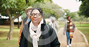 Outdoor, woman and friends hiking while enjoying the view in a park. Female person, nature and camping group with travel