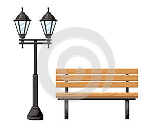 Outdoor wood bench and metal street light front view object for park cottage and yard vector illustration isolated on white backgr