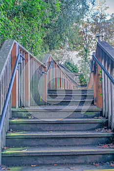 Outdoor wood stairs with moss stains and fallen leaves on the side of the steps- San Francisco, CA