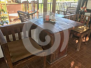 Outdoor Wooden table set at cafe
