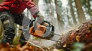 Outdoor work, lumberjack cutting timber with a powerful chainsaw. Forestry worker in action, chainsaw in hand.