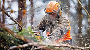 Outdoor work, lumberjack cutting timber with a powerful chainsaw. Forestry worker in action, chainsaw in hand.