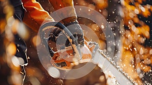 Outdoor work, lumberjack cutting timber with a powerful chainsaw. Forestry worker in action, chainsaw in hand.