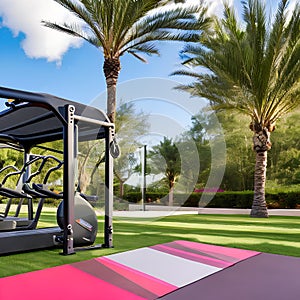 15 An outdoor workout area with exercise equipment, a yoga mat, and a water fountain3, Generative AI photo