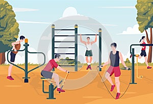 Outdoor workout group. People running and stretching, fitness athletes doing exercises in park, cartoon gym scene with
