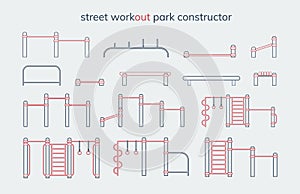 Outdoor workout gym place or park constructor. Line art style. Fitness street equipment. Outdoor workout elements.