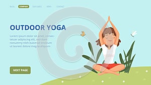Outdoor yoga landing page. Woman doing exercises in park. Relaxation and meditation vector banner