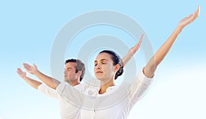 Outdoor yoga, sky and couple meditate for spiritual peace, self care and yogi healing of soul, aura or chakra energy