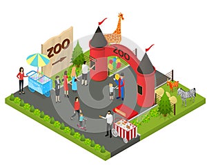 Outdoor Zoo with Wild Animals Concept 3d Isometric View. Vector