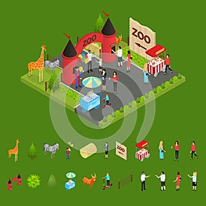 Outdoor Zoo with Wild Animals and Elements Concept 3d Isometric View. Vector