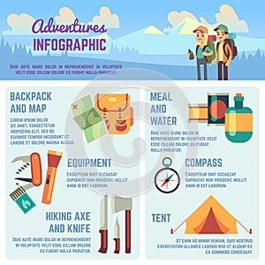 Outdoors adventure vector infographics with hiking and climbing equipment icons, traveling people and charts