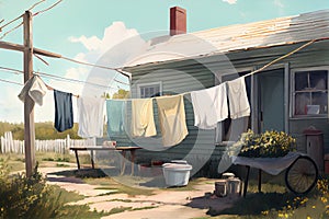 outdoors, with clotheslines and laundry fluttering in the breeze