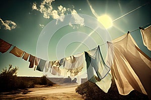 outdoors, with clotheslines and laundry fluttering in the breeze