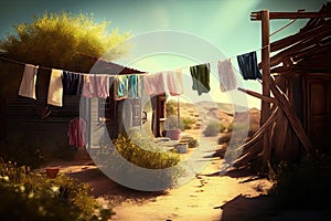 outdoors, with clotheslines and laundry fluttering in the breeze