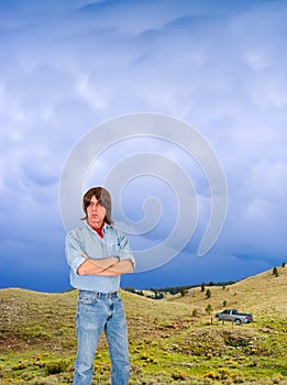 Outdoors Man With Pickup Truck in Wild Nature