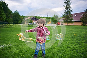 Outdoors portrait of cute preschool boy blowing soap bubbles on a green lawn at the playground