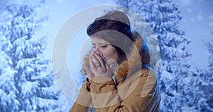 Outdoors portrait of young woman sick colds,flu,fever