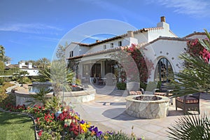 Outdoors seating furniture in patio of luxury manor house