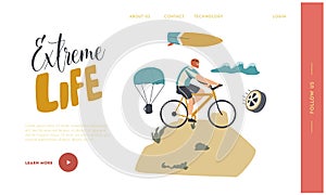 Outdoors Summer Extreme Landing Page Template. Cyclist Sportsman Character Riding Bike, Bicycle Active Sport Life