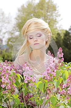 Outdoors tender blonde woman with hairstyle