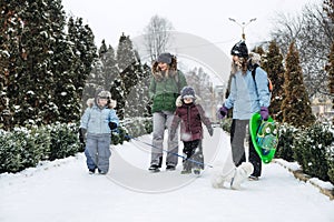 Outdoors winter activities for family, friends. Happy Family, friends, two women, two boy kids and dog, mothers and sons